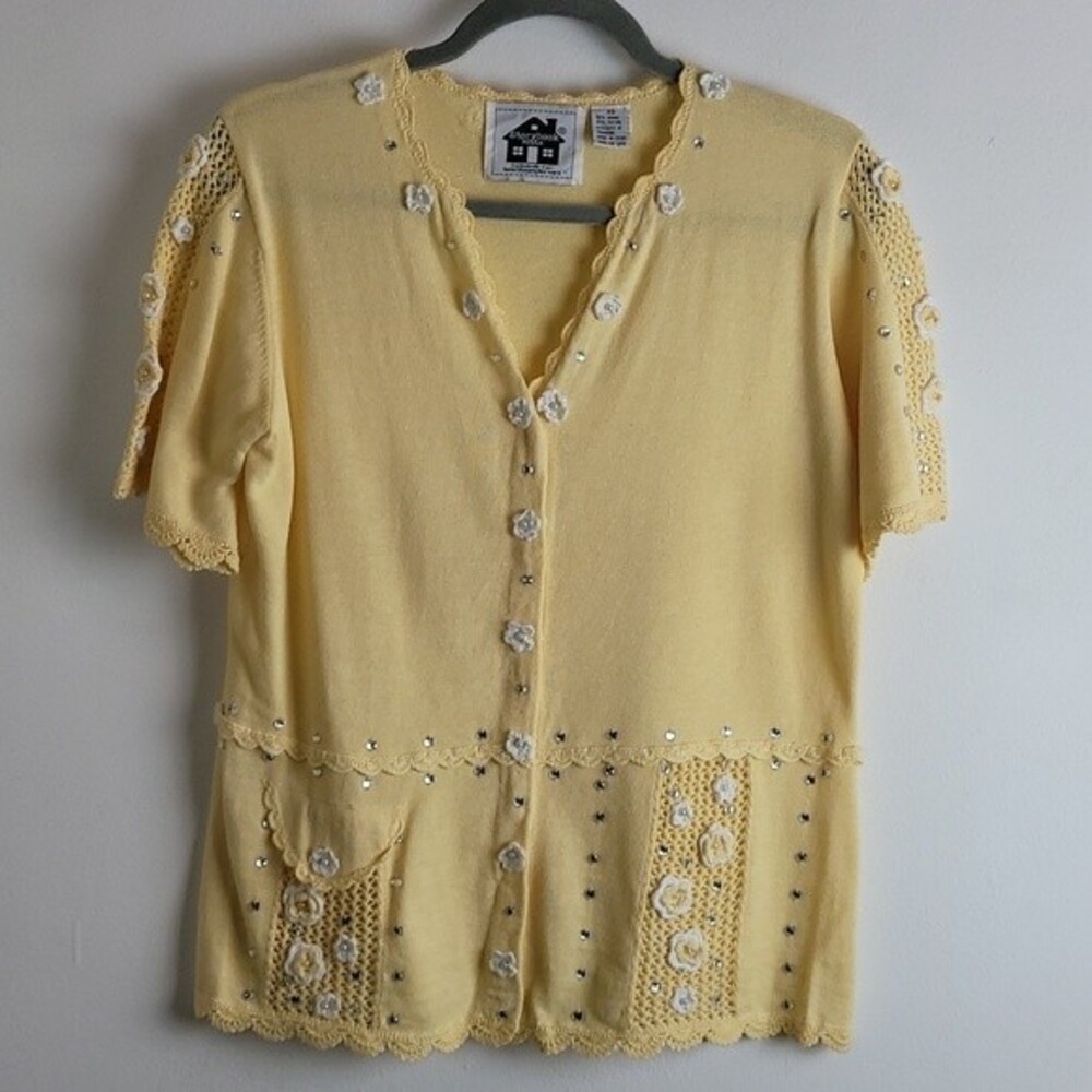 Storybook knits embellished cardigan sweater Sz XS Yellow Teacher Cottagecore